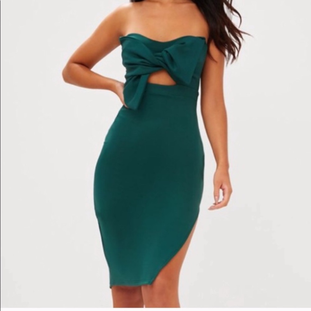 PrettyLittleThing emerald green bow front dress